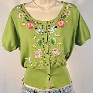 Monte Milano Green Embroidered Floral Cardigan Top XL